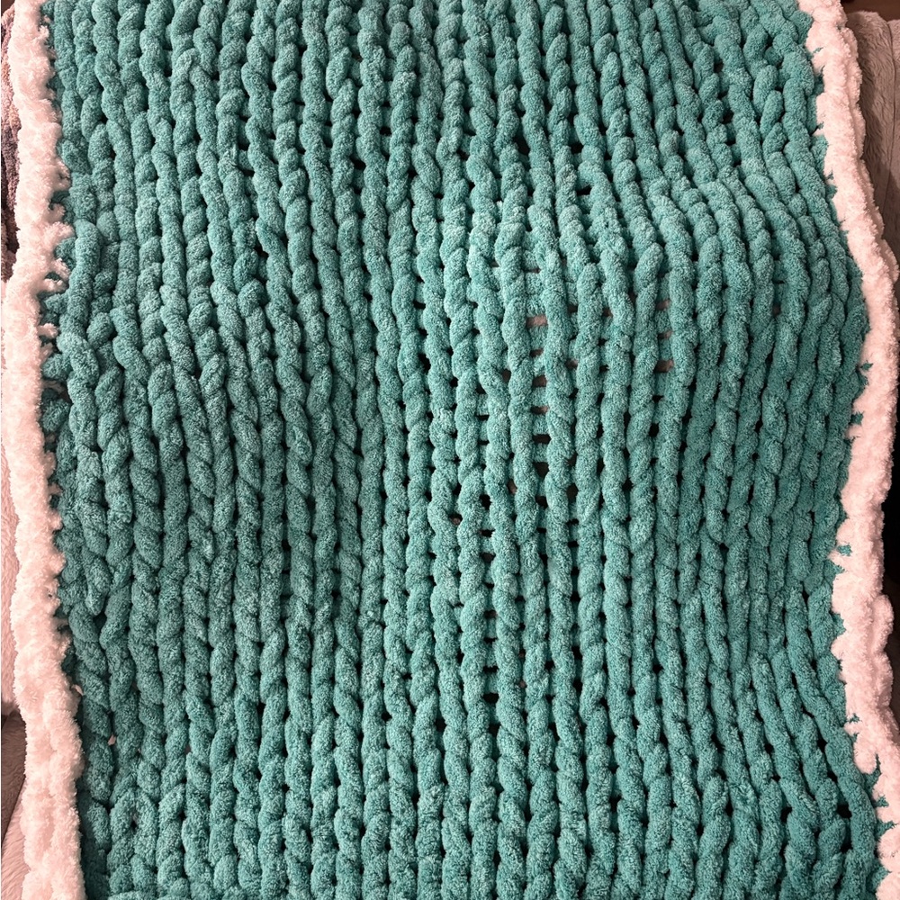 Cozy Teal Knit Blanket with White Trim